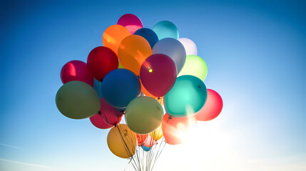 Obraz premium Colored balloons on the background of the blue sky. Generative AI technology.
