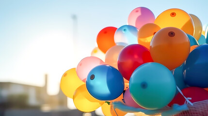 Colored balloons on the background of the blue sky. Generative AI technology.