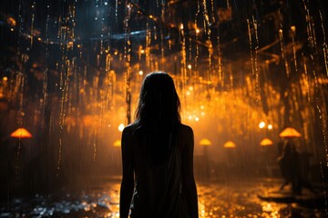 Weathered Solitude: A Person Endures Beneath a Torrential Rainfall, Umbrella as Sanctuary, Raindrops Cast a Veil, Masking the Features Beyond Generative AI