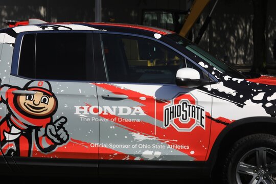 Ohio State University Buckeyes decorated Honda CRV sports utility vehicle. Columbus, Ohio, USA - August 6