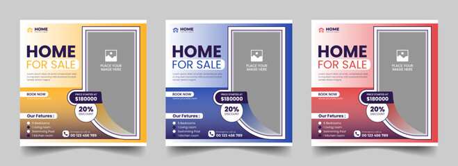 Real estate square social media post or dream home sale property promotion web banner template bundle. Editable modern house banner layout set