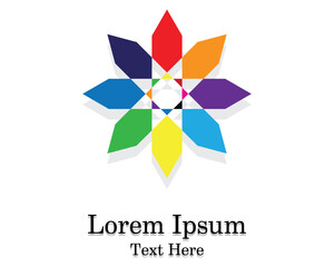 vector abstract logo or symbol colorful like a star with sharp corners with colors like yellow red black green purple orange and there is a colorful circle in the center and the words LOREM IPSUM TEXT