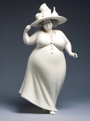 Figurine of a very plump woman in a white dress and hat isolated on a gray background
