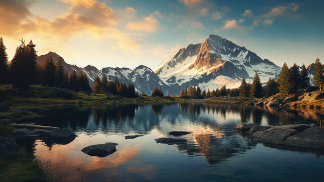 sunrise on a reflecting lake in the mountains 