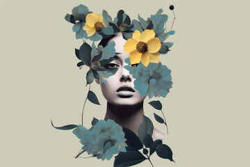 Abstract fashion art paper collage. Portrait of a woman with many flowers. Generative AI