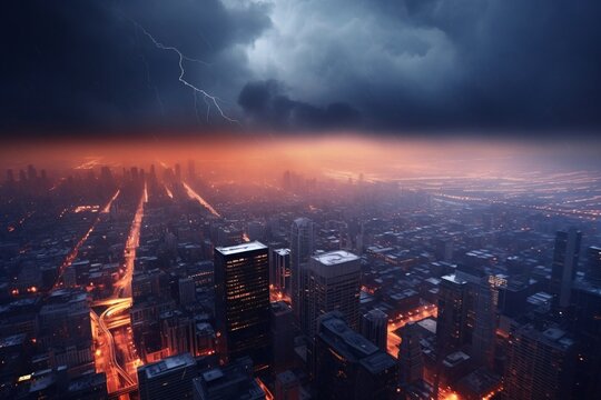 Cityscape at night with stormy sky and lightning. 3D rendering. Storm over the city at night as a concept for climate change.