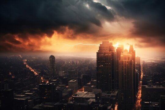 Cityscape at night with stormy sky and lightning. 3D rendering. Storm over the city at night as a concept for climate change.