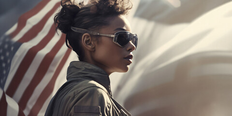 An African american woman pilot wearing sunglasses with an american flag in the background Generative Ai