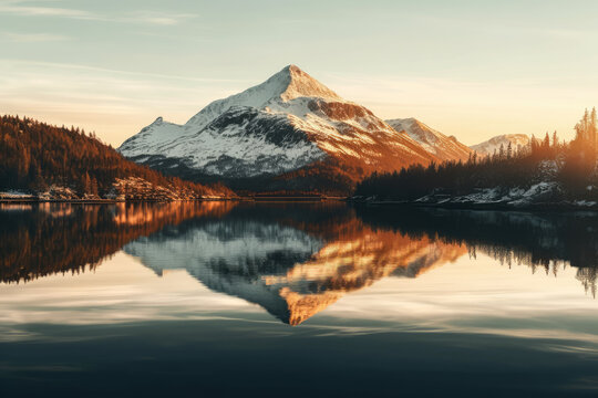 Mountain lake reflection at sunrise