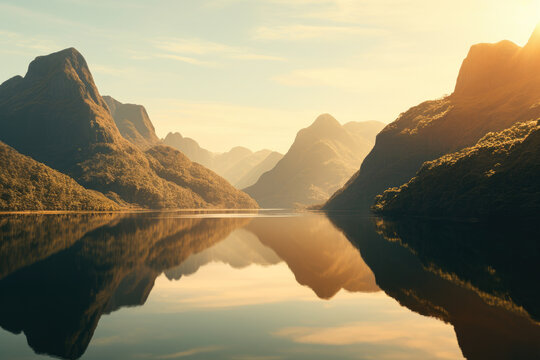 Mountain fjord lake reflection in norway at sunset 
