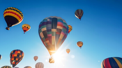 Obraz premium Colorful balloons with a gondola illuminated by the sun. Generative AI technology.