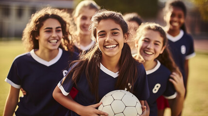 Teenager girls soccer team smiling wearing blue kit and holding a ball on soccer field school sport physical activity fitness 