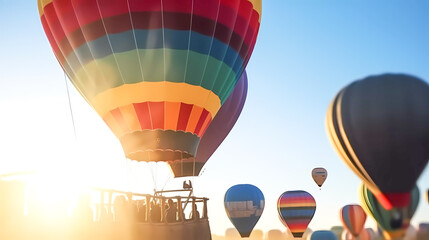 Fototapeta premium Colorful balloons with a gondola illuminated by the sun. Generative AI technology.