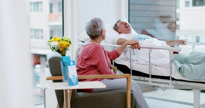 Medical, visit and happy with old couple in hospital for surgery, love and support. Medicine, healthcare and rehabilitation with senior man and woman in clinic for patient care, laughing and wellness
