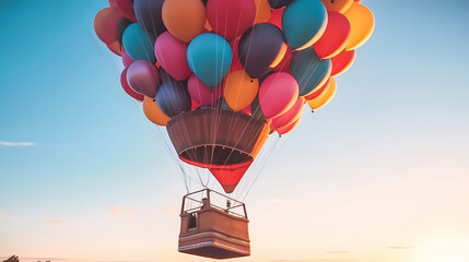 Fototapeta premium Colorful balloons with a gondola illuminated by the sun. Generative AI technology.