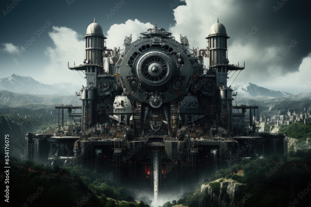Poster the castle is surrounded by mountains and clouds. generative ai image.