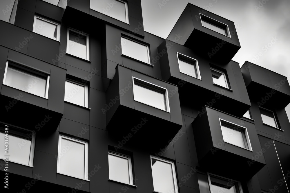 Poster black and white photo of a building with many windows. generative ai image.