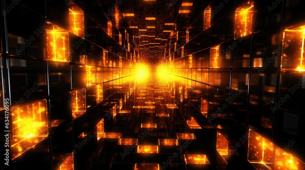 Poster a tunnel with glowing lights and a dark background. generative ai image.