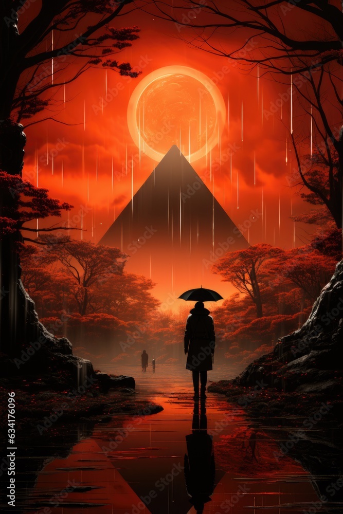 Aufkleber a man with an umbrella standing in front of a pyramid. generative ai image.