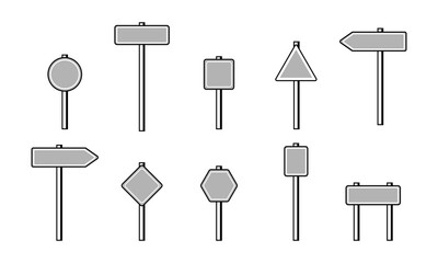 Road sign set. Urban highway navigation. Direction or parking zone. Mockup frame template. Vector illustration