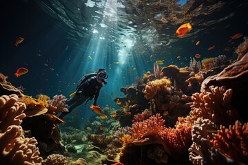 Fototapeta na wymiar Coral's Whisper: A Snorkeler or Diver Engages Softly with Vibrant Coral Reefs, Unveiling the Oceanic Ecosystem's Interwoven Harmony, Celebrating Hands and Marine Life Generative AI 