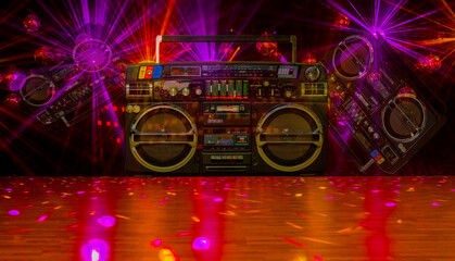 Fototapeta na wymiar abstract music disco event party background banner flyer with disco balls and retro tape recorder