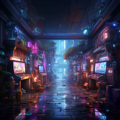 arcade scene of futuristic city at night