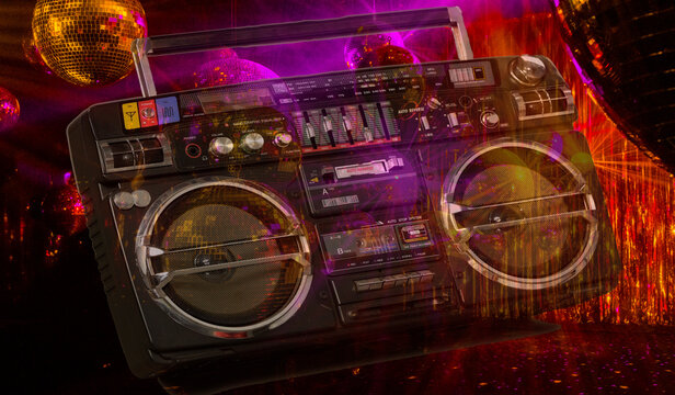 abstract music disco event party background banner flyer with disco balls and retro tape recorder