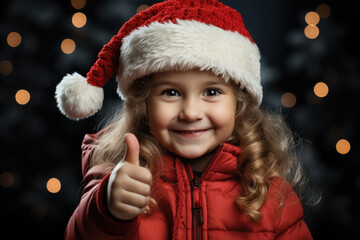 Happy joyful smiling little kid in santa hat showing or holding thumbs up