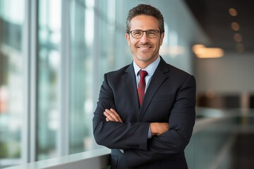 Fototapeta premium Smart wealthy rich successful business man standing this office thinking of successful future vision, dreaming of new investment opportunities.