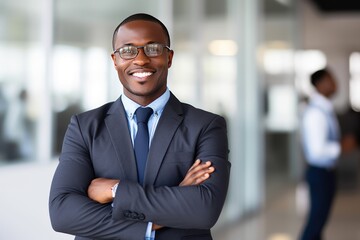 Fototapeta premium Smiling black executive posing with his arms crossed at the office looking at the camera