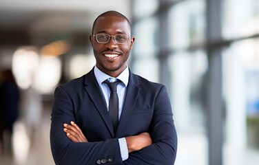 Smiling black executive posing with his arms crossed at the office looking at the camera