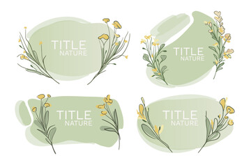 Summer floral set title nature design. Hand drawn flowers vector design elements. Green natural product icons and elements for food market, healthy life. Vector outline illustration