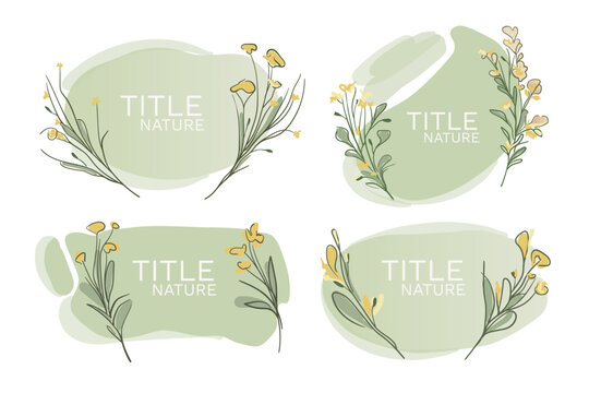 Summer floral set title nature design. Hand drawn flowers vector design elements. Green natural product icons and elements for food market, healthy life. Vector outline illustration