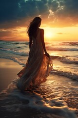 Amazing Shot of a Lady Walking towards the Sun during the Sunset in the Beach over the Shoreline. Long Dress Blown by the Wind.