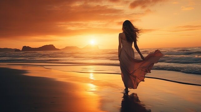 Amazing Shot of a Lady Walking towards the Sun during the Sunset in the Beach over the Shoreline. Long Dress Blown by the Wind.