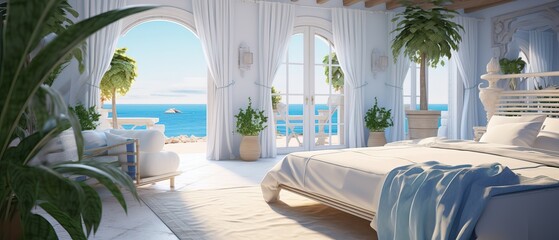 Interior Design of a Modern & Luxury Bedroom with a Balcony near the Sea, Greece. Santorini. - obrazy, fototapety, plakaty