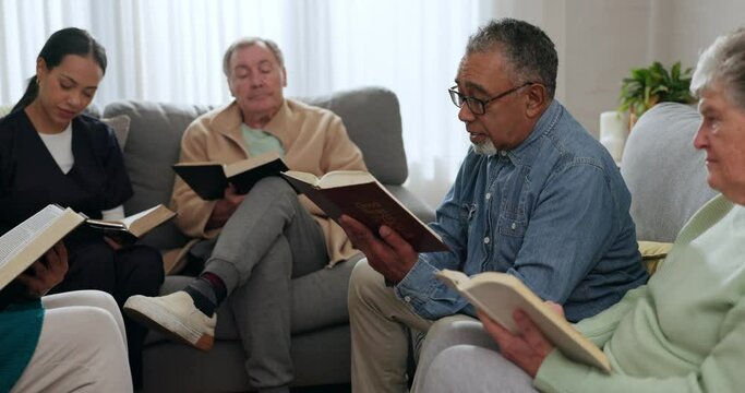 Senior people, bible study and reading in lounge with pastor, friends or family with religion, faith and worship in home. Men, women and book for peace, learning or mindfulness with holy spirit guide