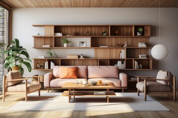 A bright, modern living room with a wooden coffee table and sleek wooden shelving units. Generative AI