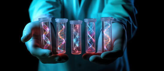 scientist holding medical testing tubes or vials of medical pharmaceutical research with blood cells and virus cure using DNA genome sequencing biotechnology as wide banner hologram