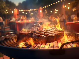 Barbecue party with people in the background, grilled steak, grilled meat, fire, summer party, barbecue in the garden,  people having fun, family and friends, bbq