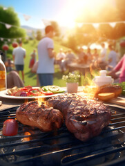 Barbecue party with people in the background, grilled steak, grilled meat, fire, summer party, barbecue in the garden,  people having fun, family and friends, bbq