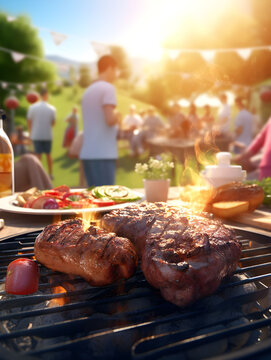 Barbecue party with people in the background, grilled steak, grilled meat, fire, summer party, barbecue in the garden,  people having fun, family and friends, bbq