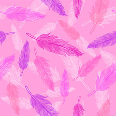 Vector seamless pattern of feathers in hot pink color. Pink feather.