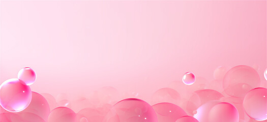 Pastel pink transparent soap bubbles on pink background, ai generated