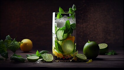 Infused cucumber drink and cold drink with basil, cucumber, and lime. Mojito, lemonade with basil. 