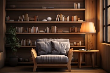 A cozy, modern reading nook with a wooden bookshelf and comfortable seating. Generative AI