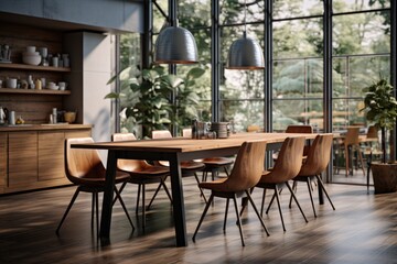 Fototapeta na wymiar A modern dining room with a large wooden table, wooden chairs, and a sleek hanging light fixture. Generative AI