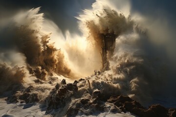 Dance with the Tempest: Capturing a Figure Braving Ocean Storms and Towering Waves, Reflecting the Seductive Challenge and Awe of Nature's Wrath, Face Shrouded in Sea Spray Generative AI