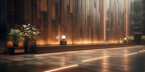 A hallway with modern wooden wall panels and a contemporary console table. Generative AI